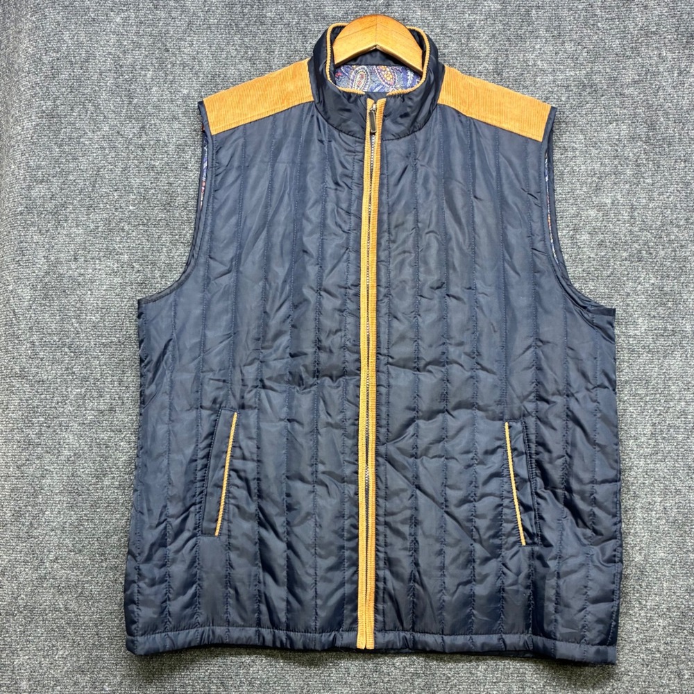 Alan Flusser Quilted Vest Men's XL Navy Blue Corduroy Trim Paisley Lining